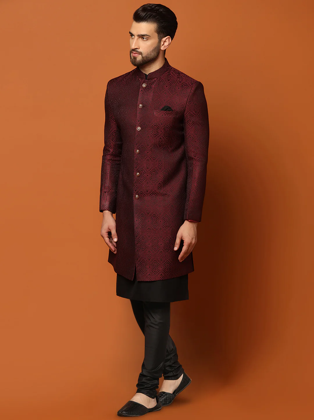Maroon Jacquard Indo-Western Sherwani Set with Black Kurta & Churidar â€“ Classic Wedding Outfit - Image 3