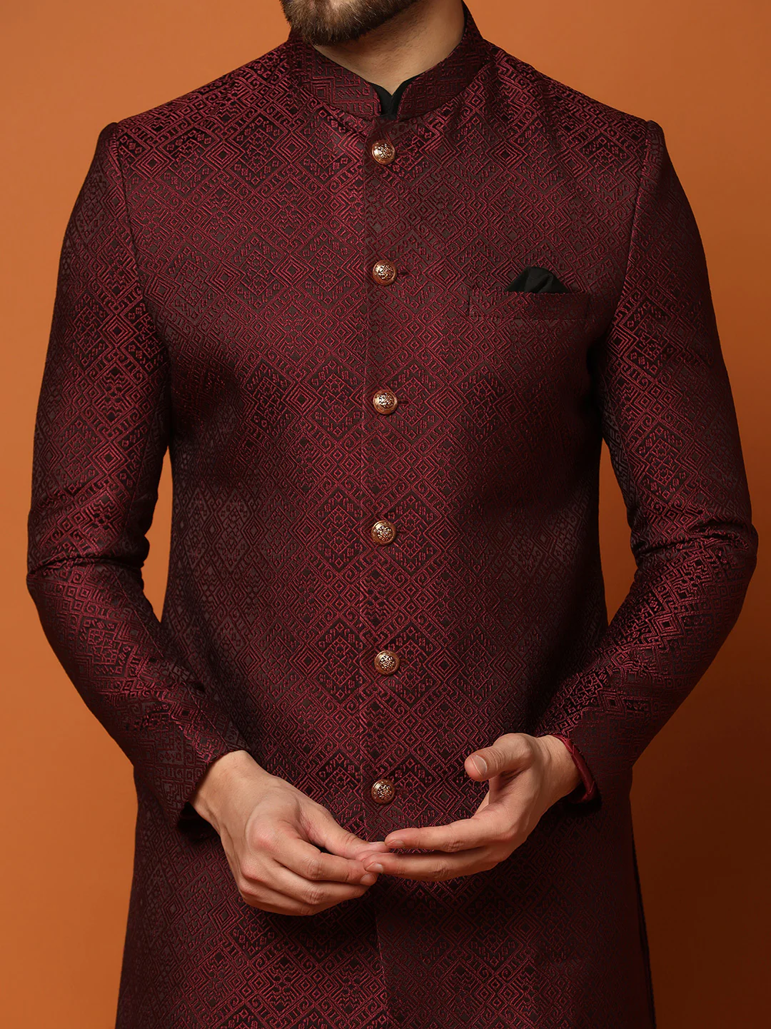 Maroon Jacquard Indo-Western Sherwani Set with Black Kurta & Churidar â€“ Classic Wedding Outfit - Image 6