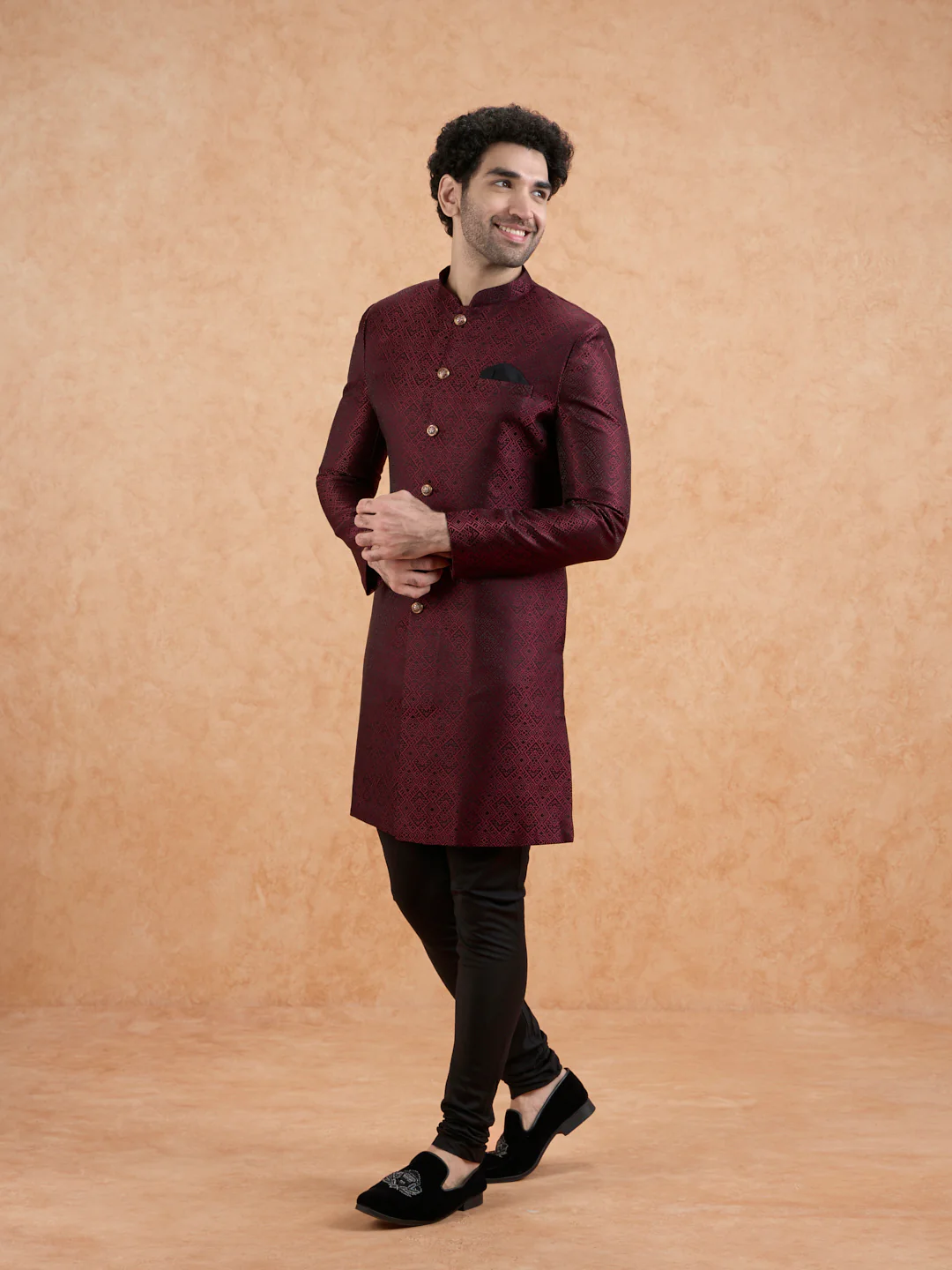 Maroon Silk Blend Textured Indowestern with Churidar - Image 3