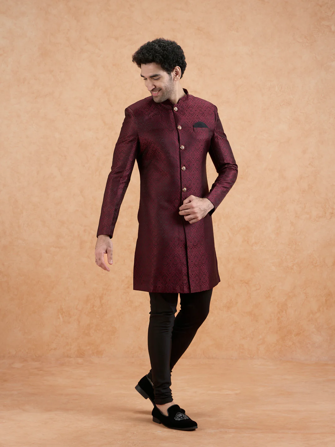 Maroon Silk Blend Textured Indowestern with Churidar - Image 4