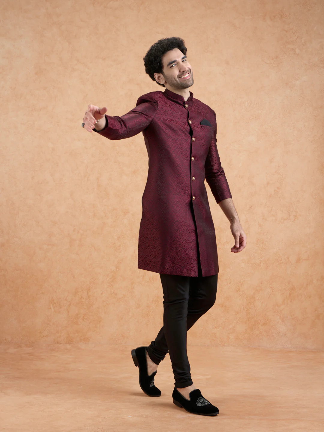 Maroon Silk Blend Textured Indowestern with Churidar - Image 8