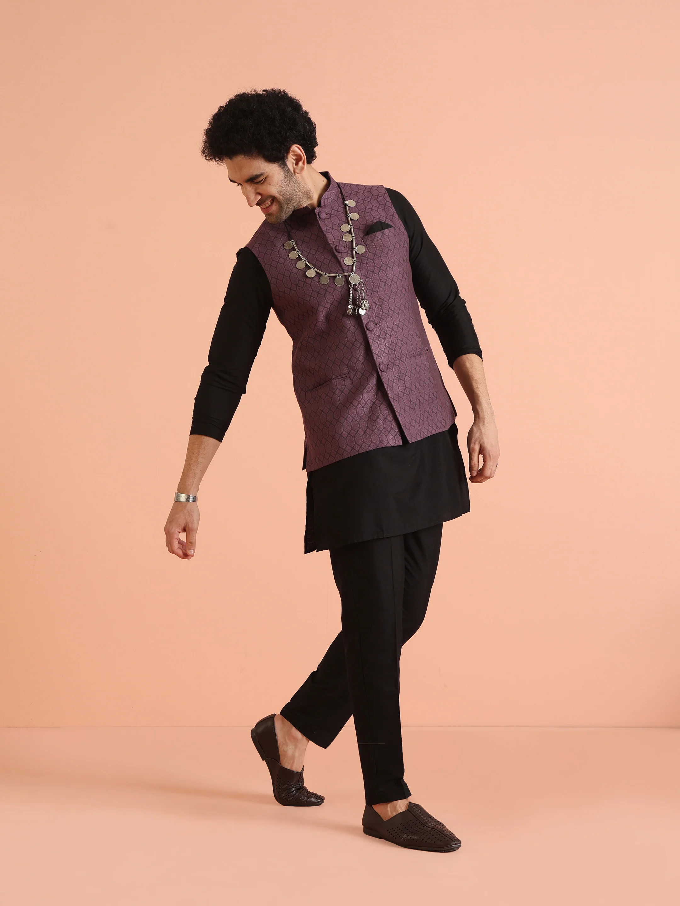 Purple Silk Blend Geometric Nehru Jacket - Image 2