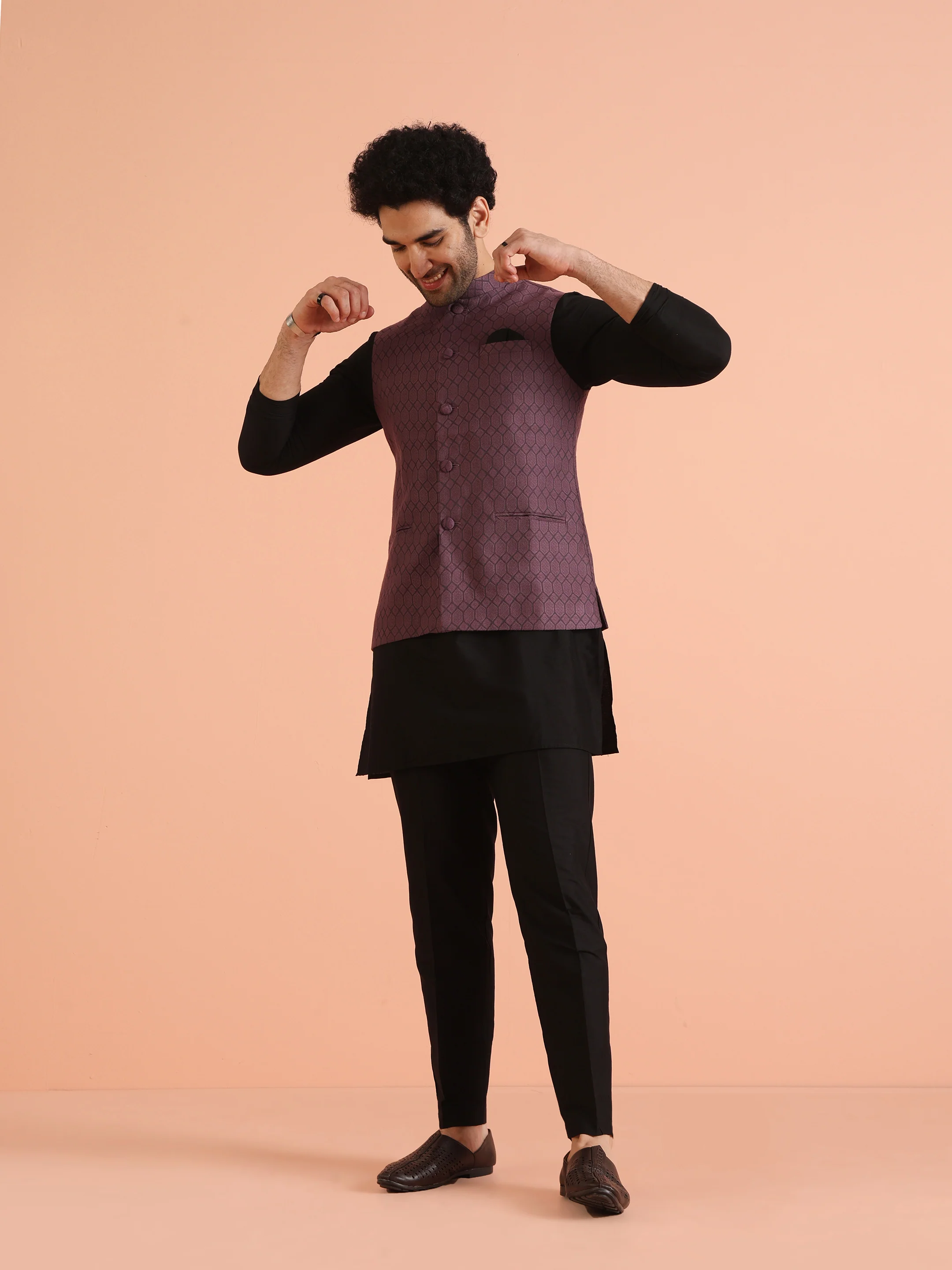 Purple Silk Blend Geometric Nehru Jacket - Image 3