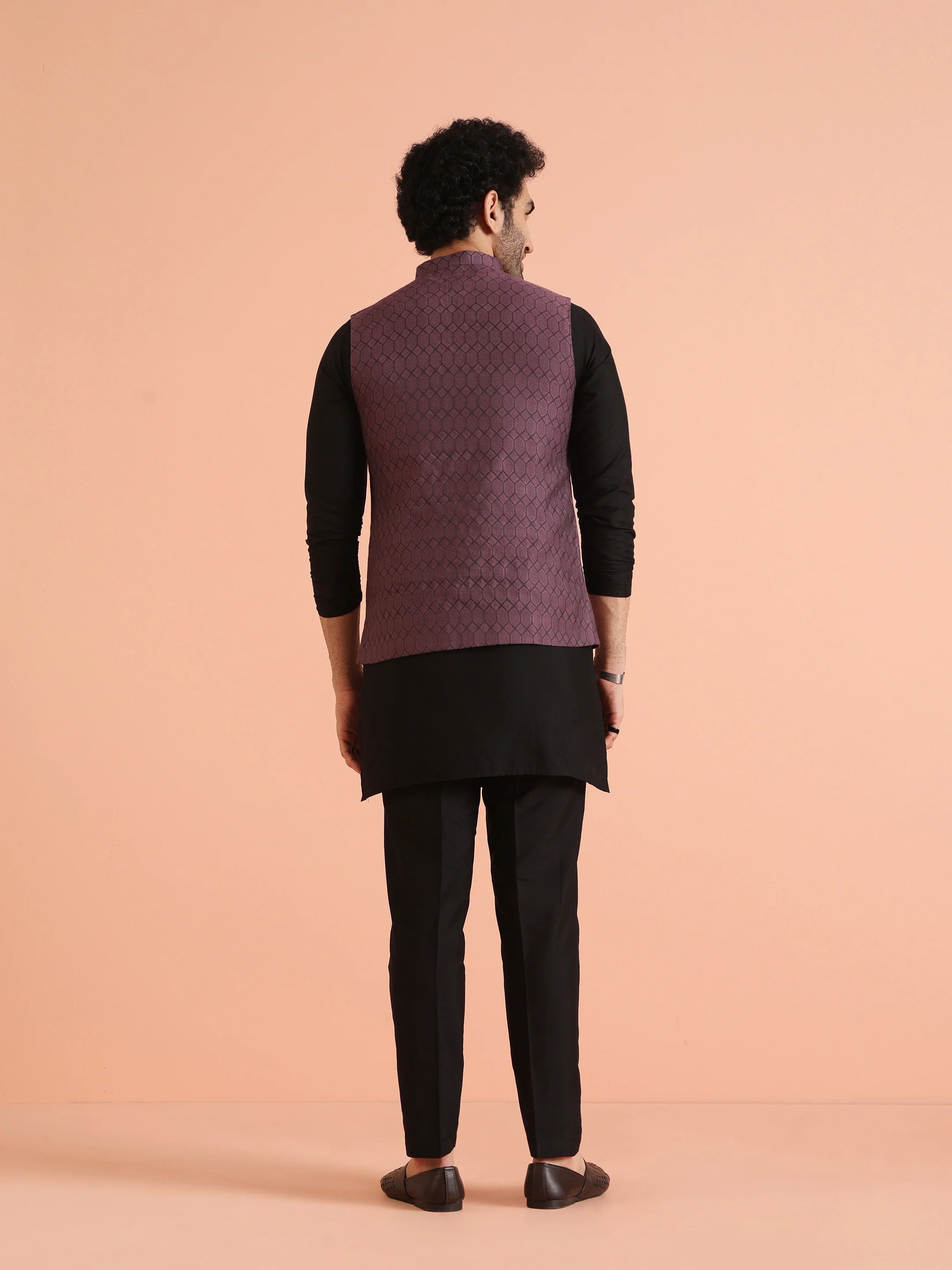 Purple Silk Blend Geometric Nehru Jacket - Image 4