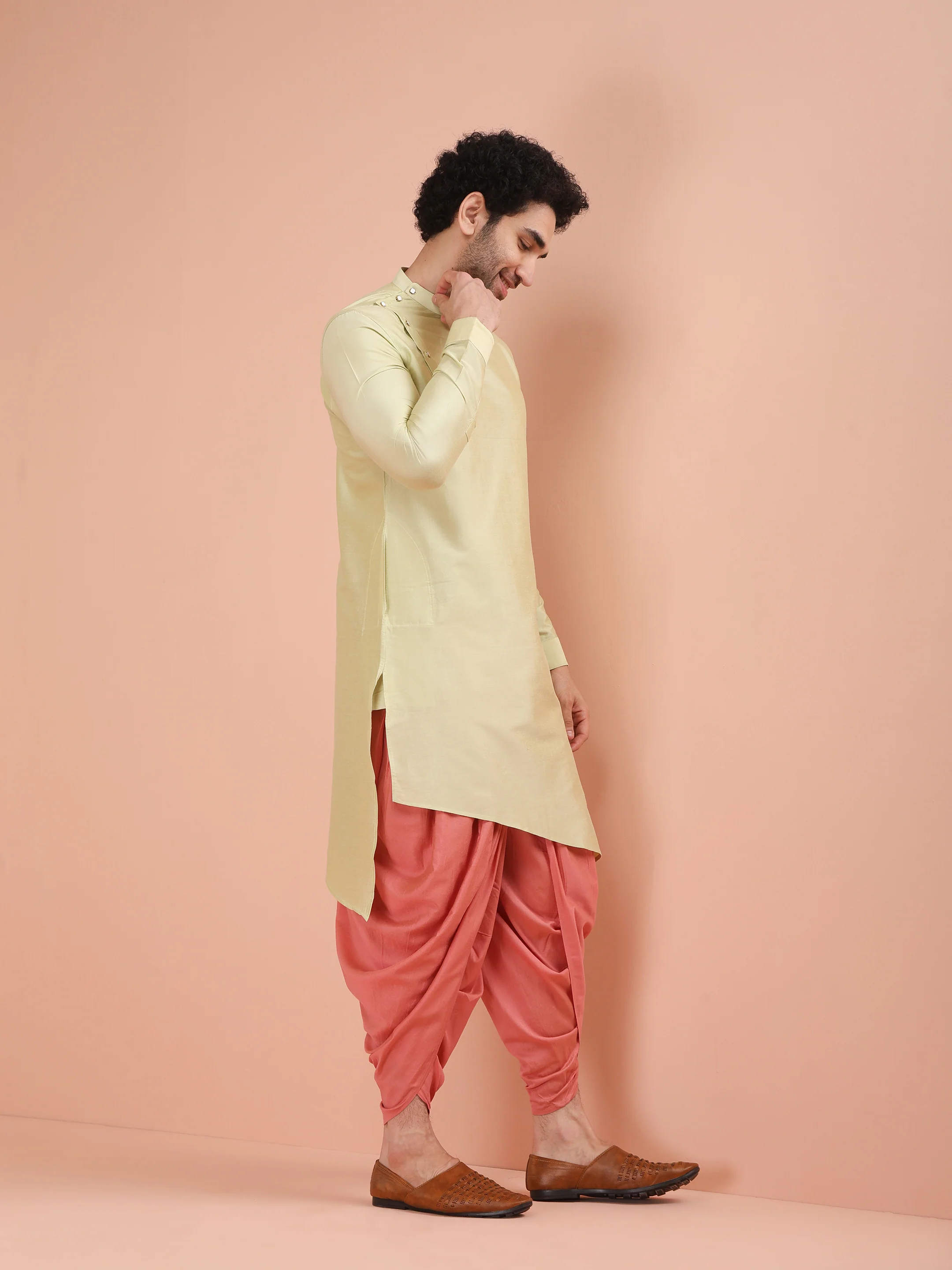 Light Green Asymmetric Kurta Dhoti Set - Image 3