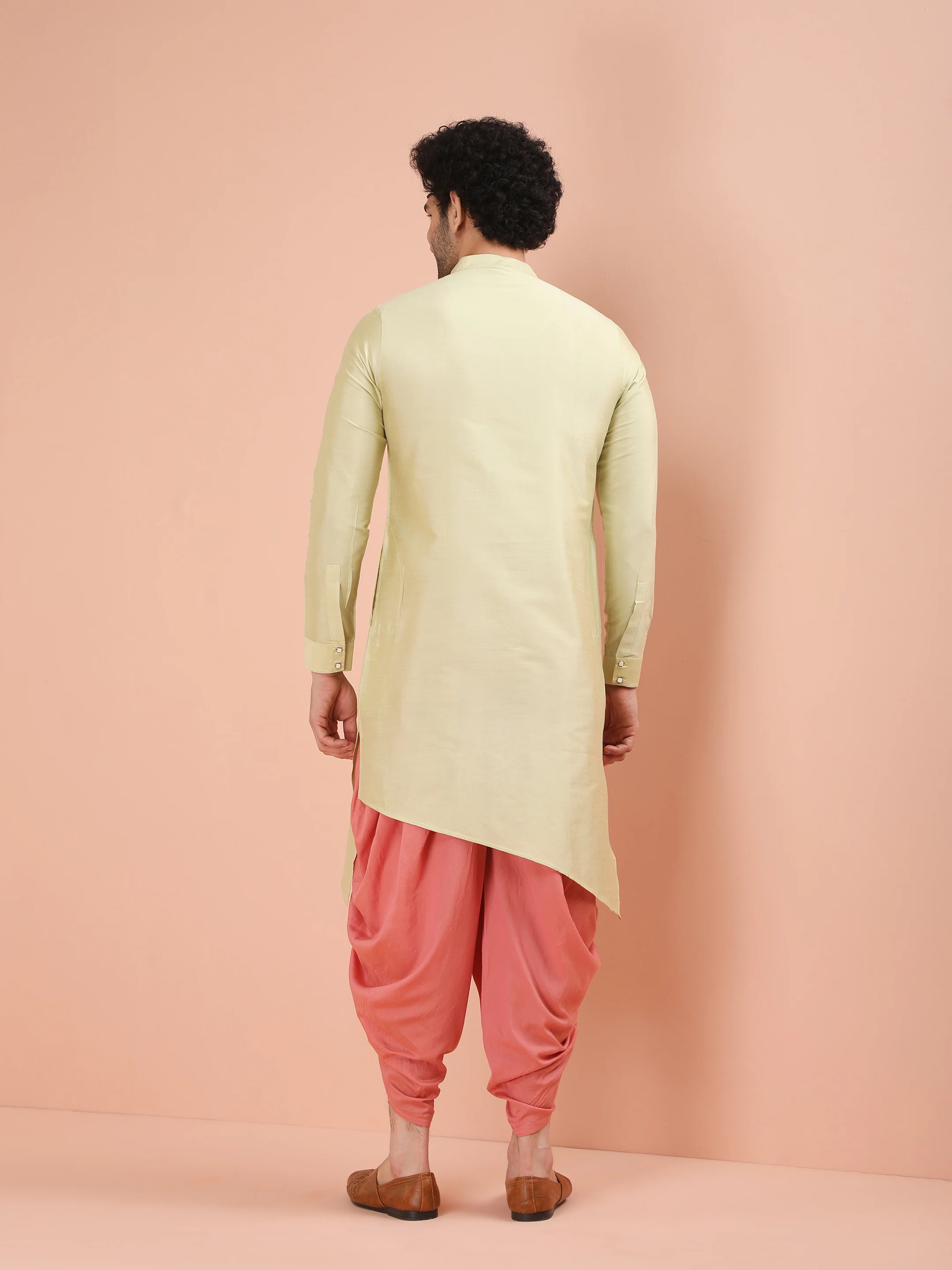 Light Green Asymmetric Kurta Dhoti Set - Image 4