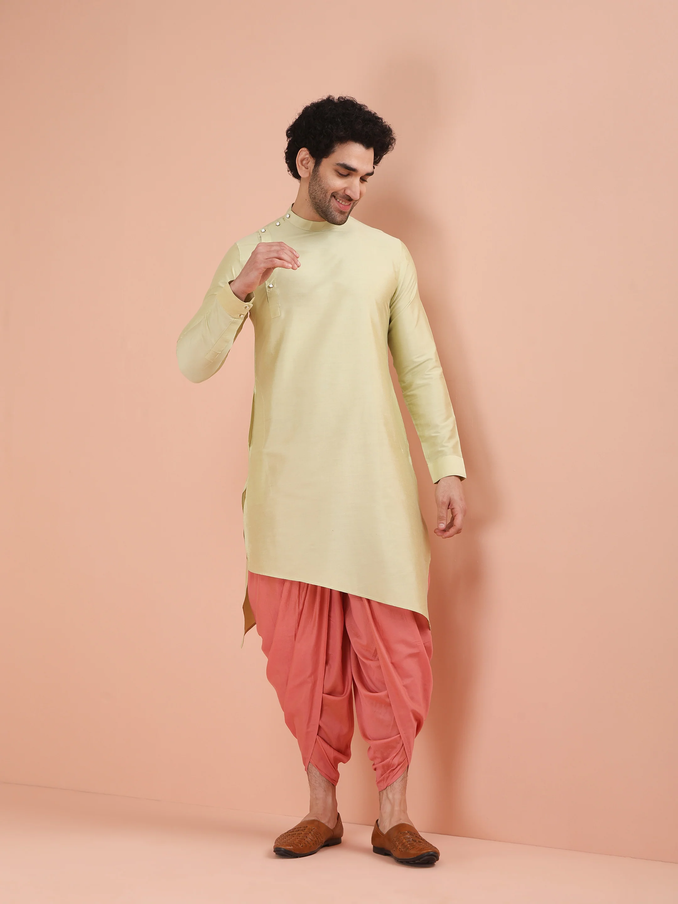 Light Green Asymmetric Kurta Dhoti Set - Image 8