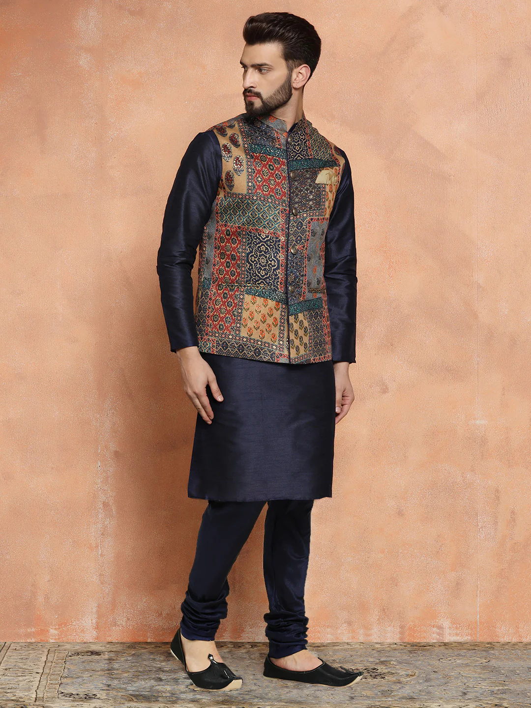 Navy Silk Blend Printed Jacket Kurta Churidar Set - Image 2