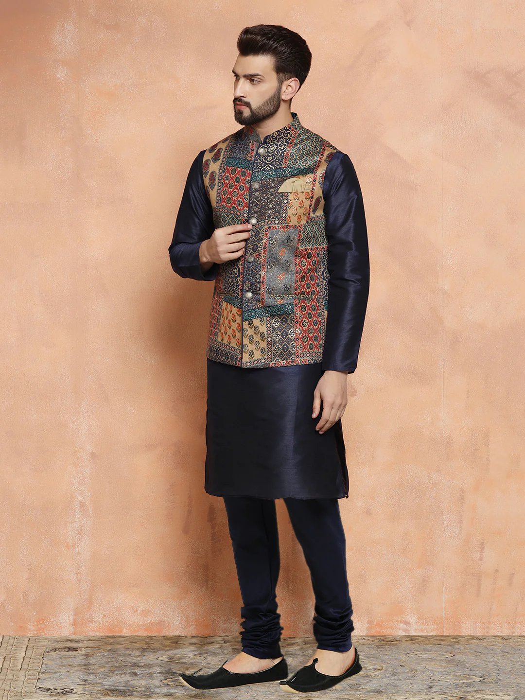 Navy Silk Blend Printed Jacket Kurta Churidar Set - Image 3