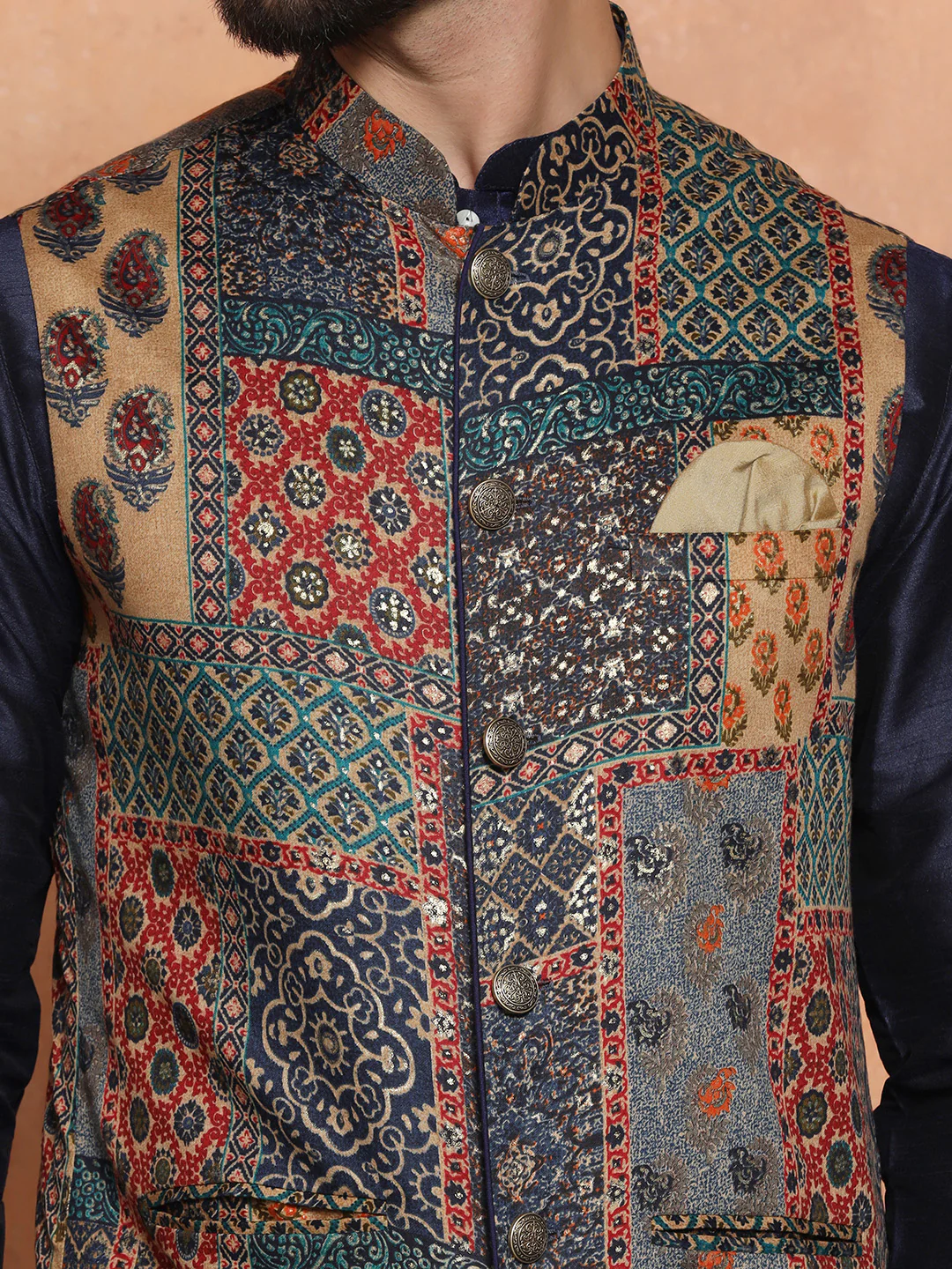 Navy Silk Blend Printed Jacket Kurta Churidar Set - Image 6