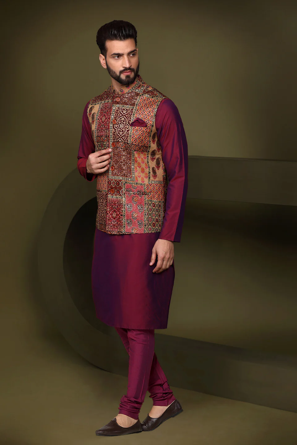 Multicolour Silk Blend Embroidered Nehru Jacket Kurta Churidar - Image 3