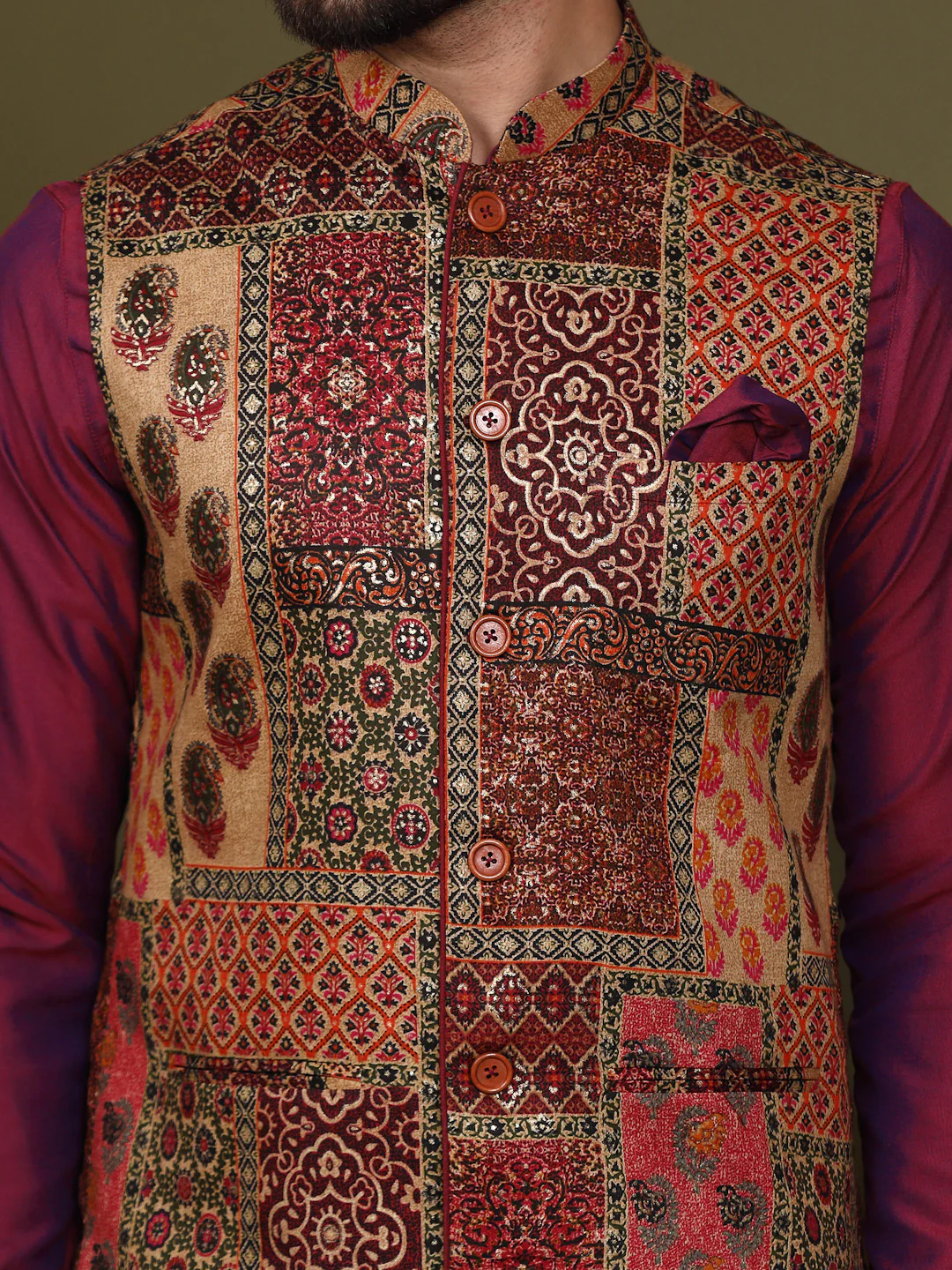 Multicolour Silk Blend Embroidered Nehru Jacket Kurta Churidar - Image 6
