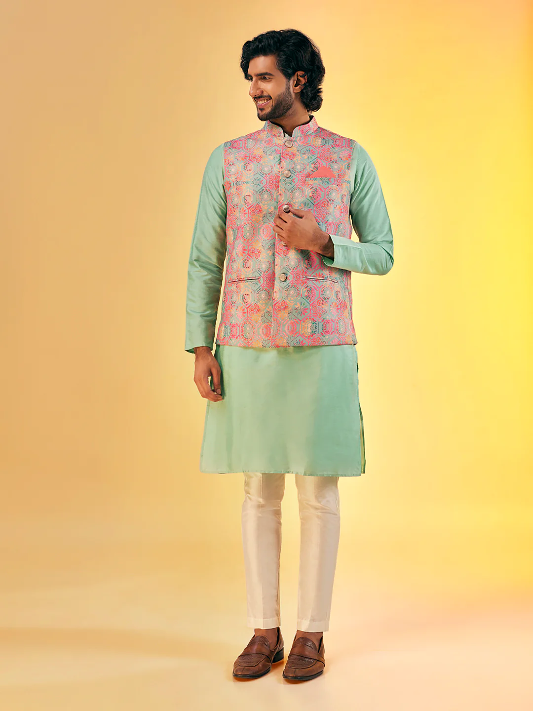 Mint Green Printed Jacket Kurta Ivory Churidar Set - Image 3