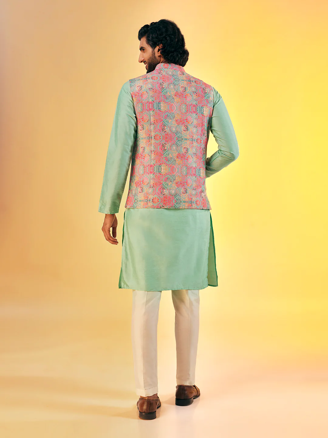 Mint Green Printed Jacket Kurta Ivory Churidar Set - Image 4
