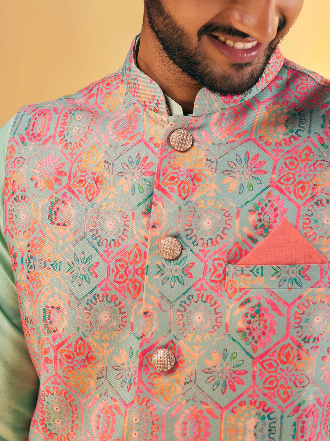 Mint Green Printed Jacket Kurta Ivory Churidar Set - Image 6