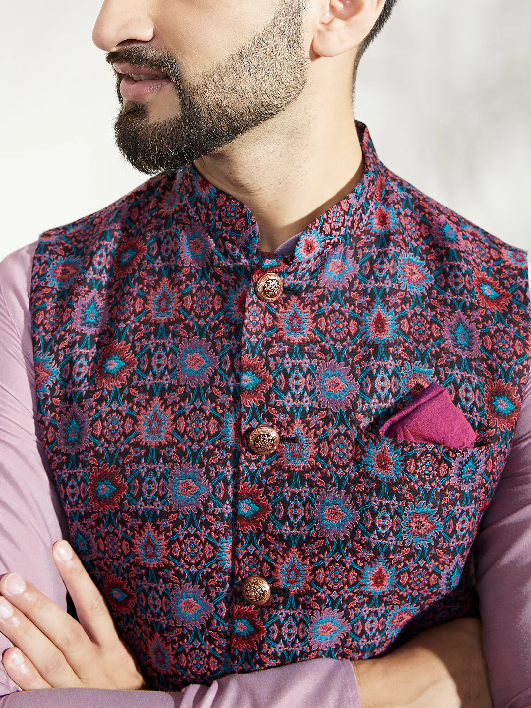 Lavender Silk Blend Kurta with Multicolor Printed Nehru Jacket Set - Image 6