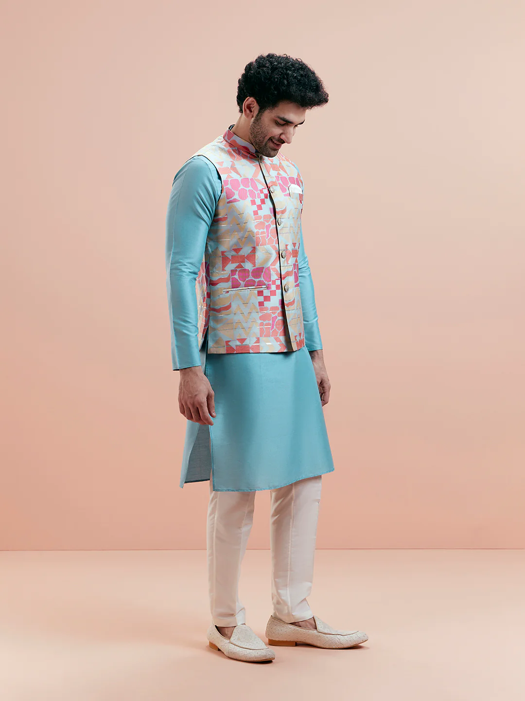 Multi Silk Printed Jacket Kurta Trouser Set - Image 4