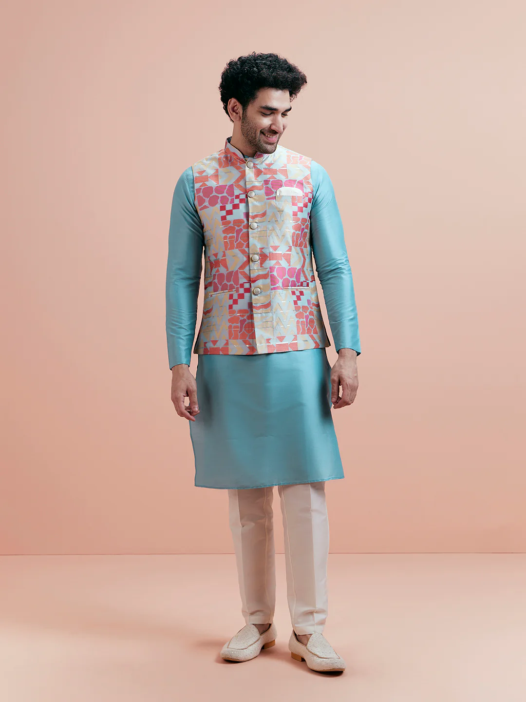 Multi Silk Printed Jacket Kurta Trouser Set - Image 9