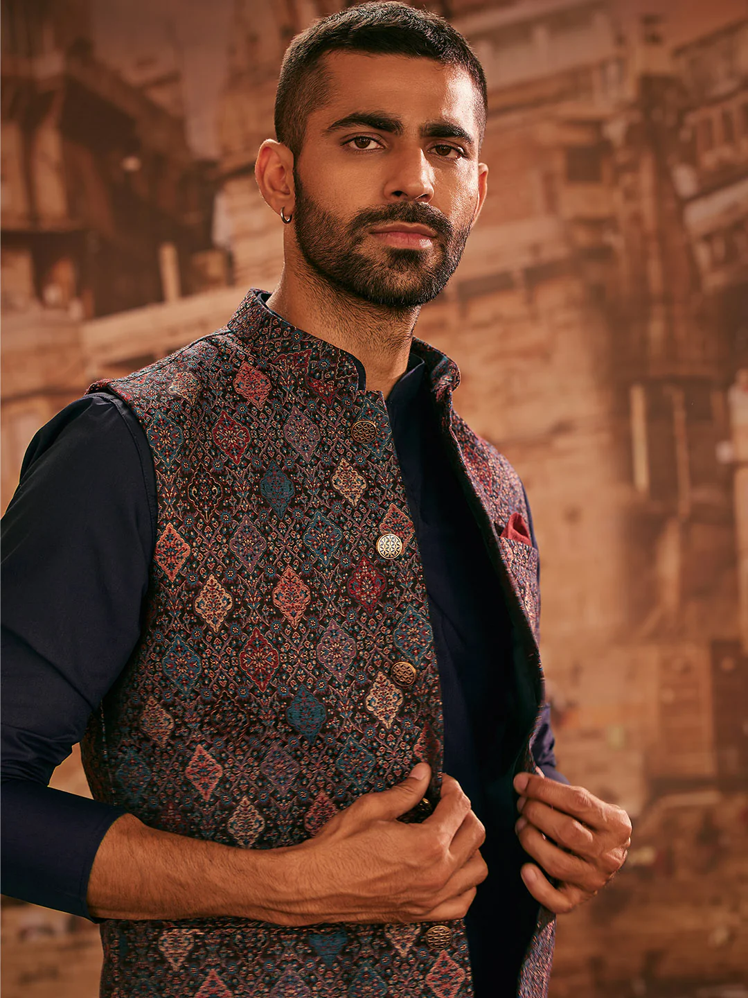 Multi Color Textured Nehru Jacket Navy Kurta Set