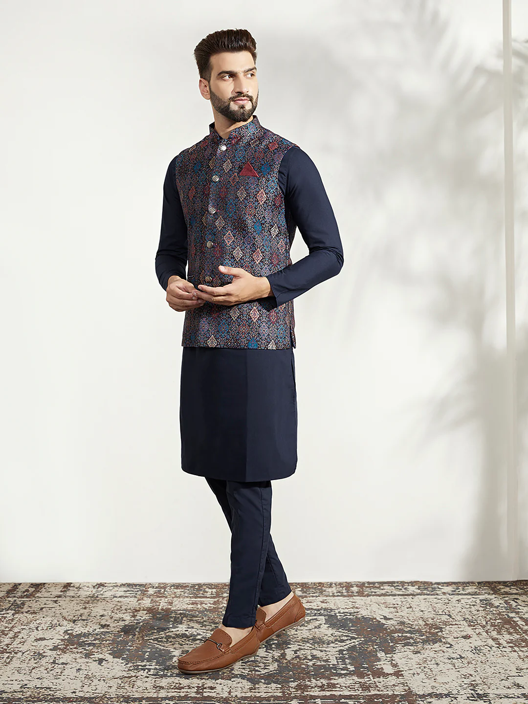 Multi Color Textured Nehru Jacket Navy Kurta Set - Image 3