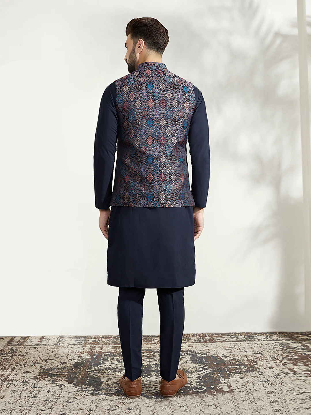 Multi Color Textured Nehru Jacket Navy Kurta Set - Image 4