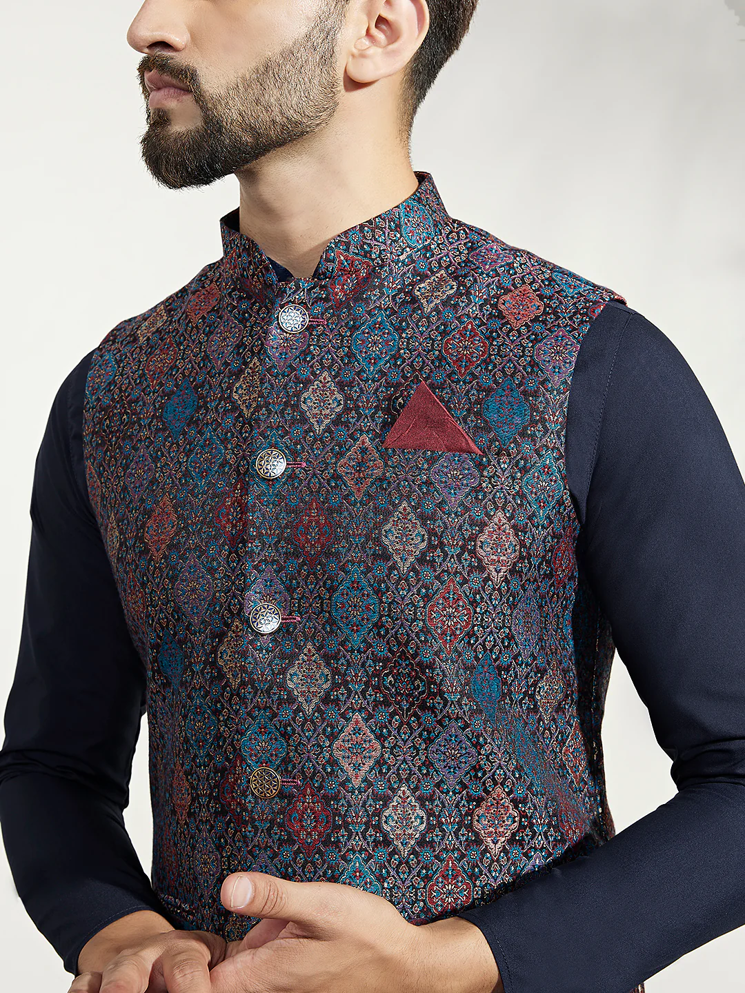 Multi Color Textured Nehru Jacket Navy Kurta Set - Image 6