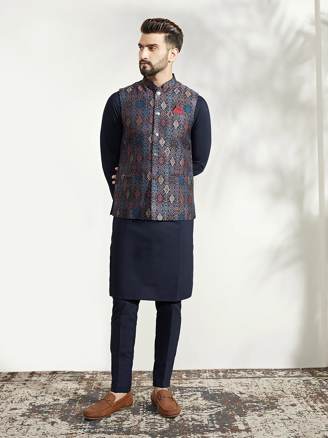 Multi Color Textured Nehru Jacket Navy Kurta Set - Image 9
