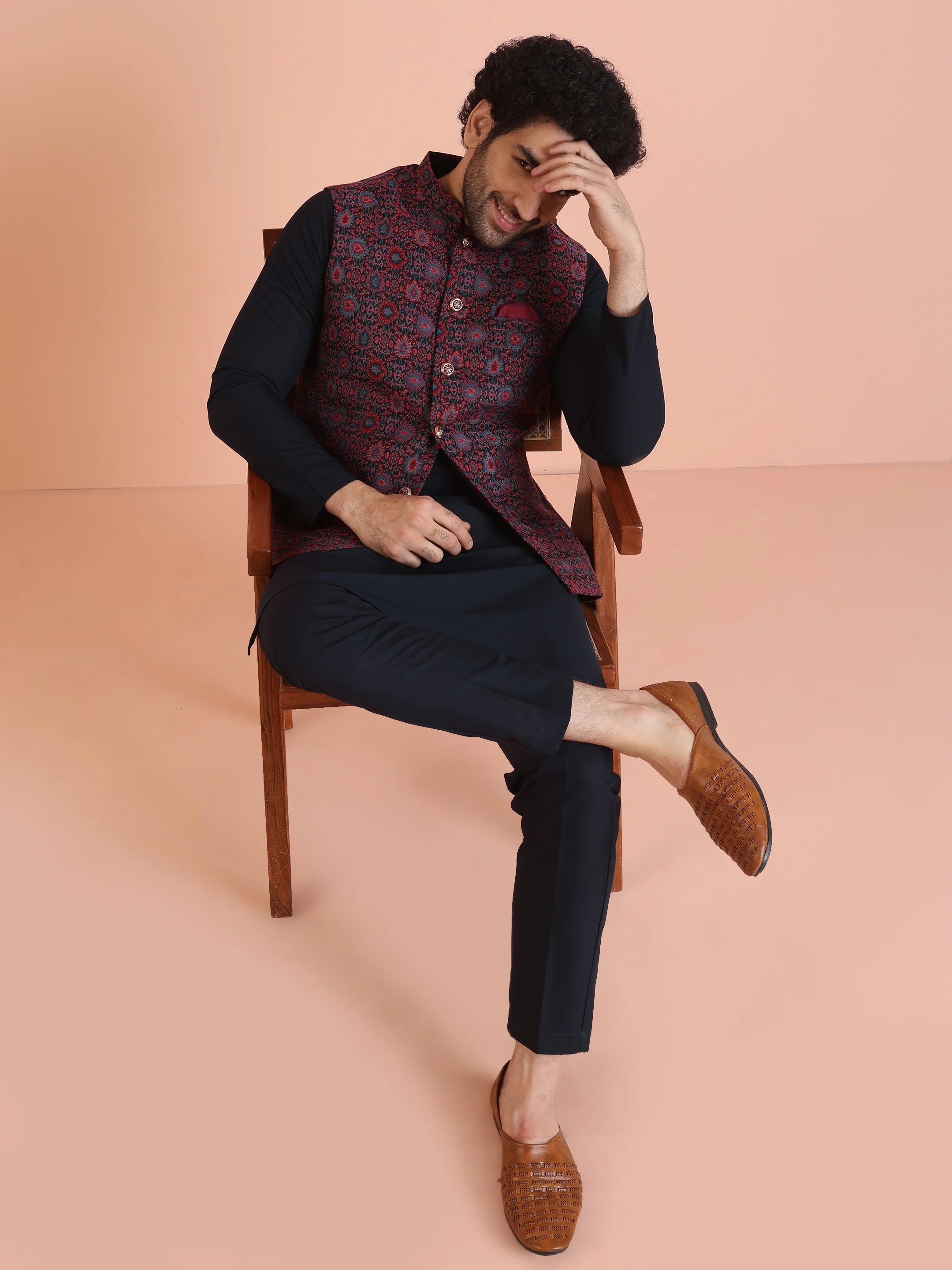 Multi-Coloured Silk Textured Nehru Jacket Kurta Set