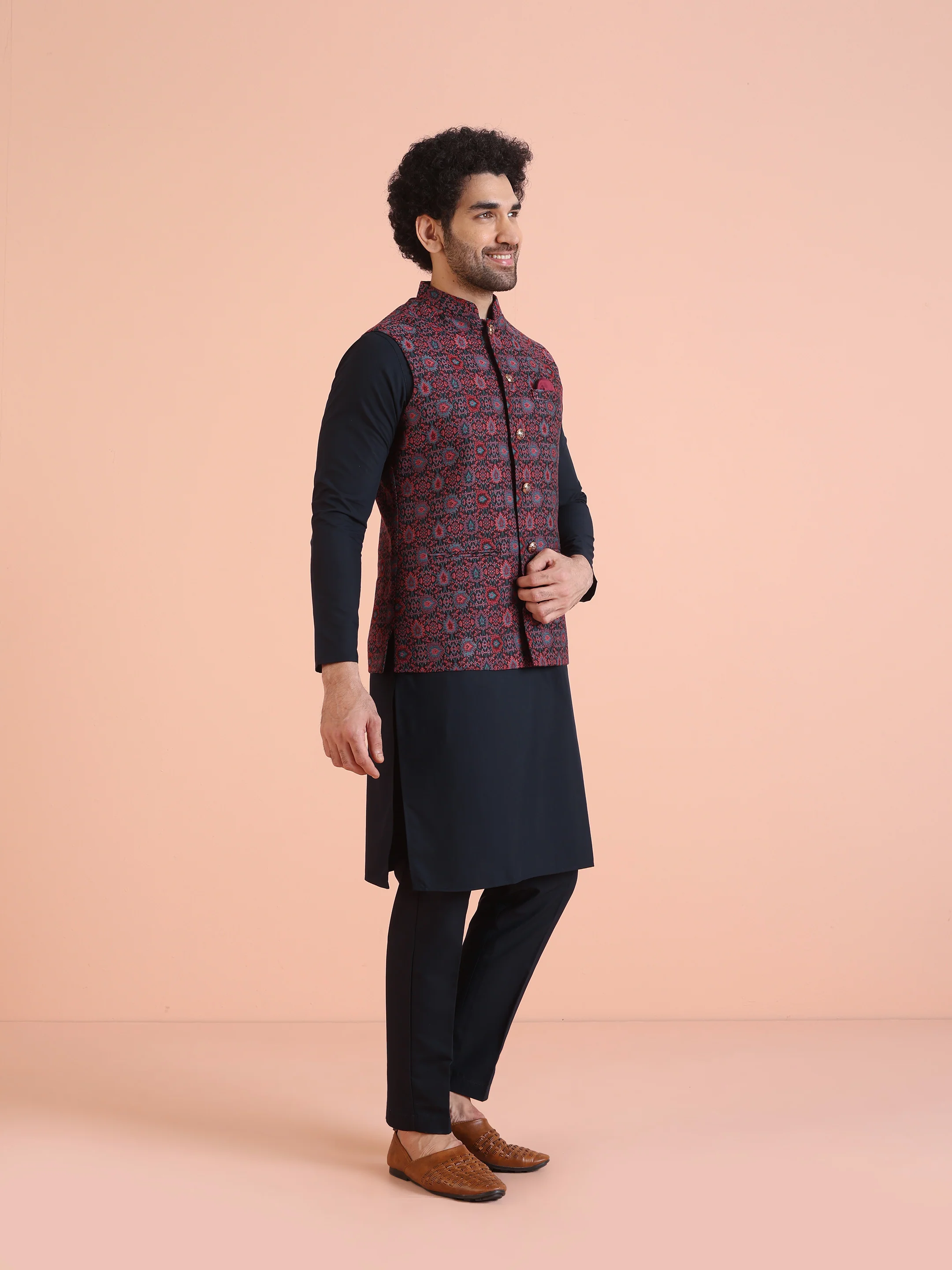 Multi-Coloured Silk Textured Nehru Jacket Kurta Set - Image 2