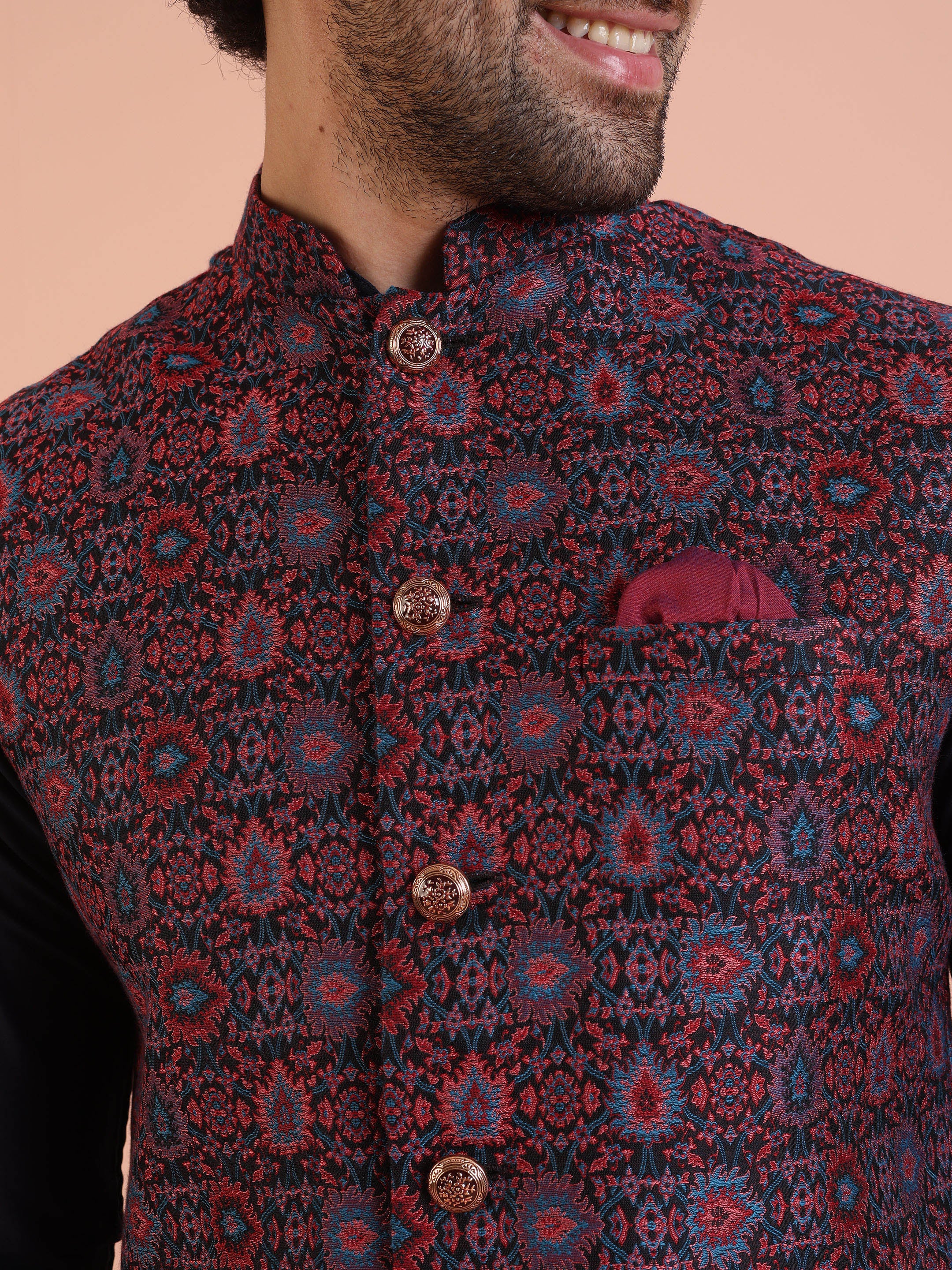 Multi-Coloured Silk Textured Nehru Jacket Kurta Set - Image 6