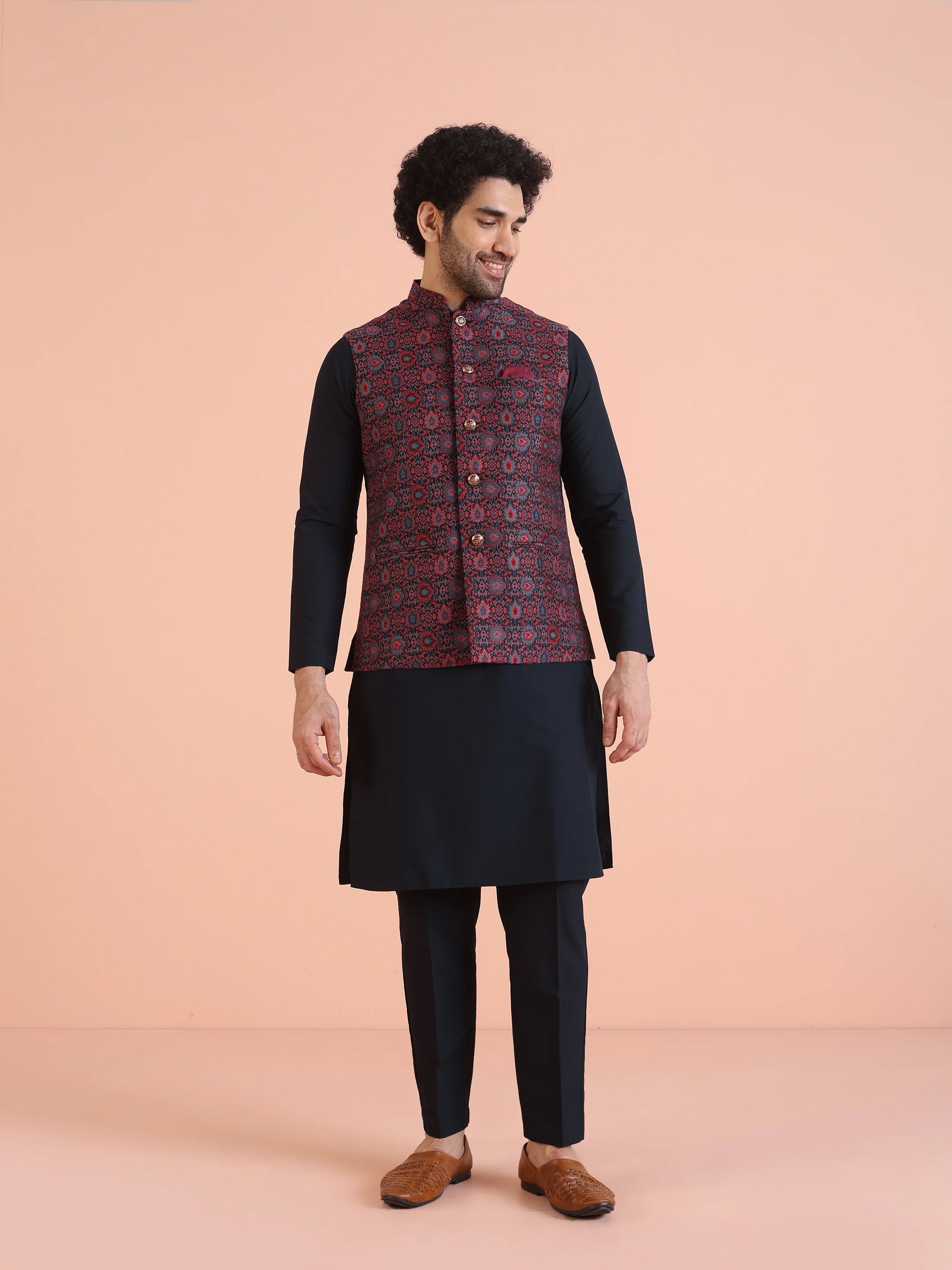 Multi-Coloured Silk Textured Nehru Jacket Kurta Set - Image 9