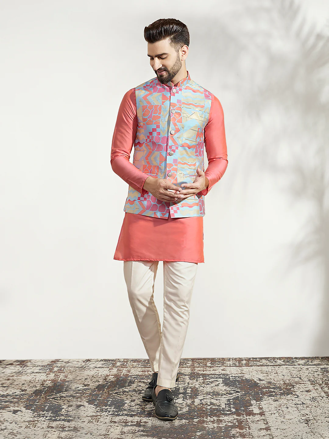 Men's Multi Color Kurta Jacket Trouser Set
