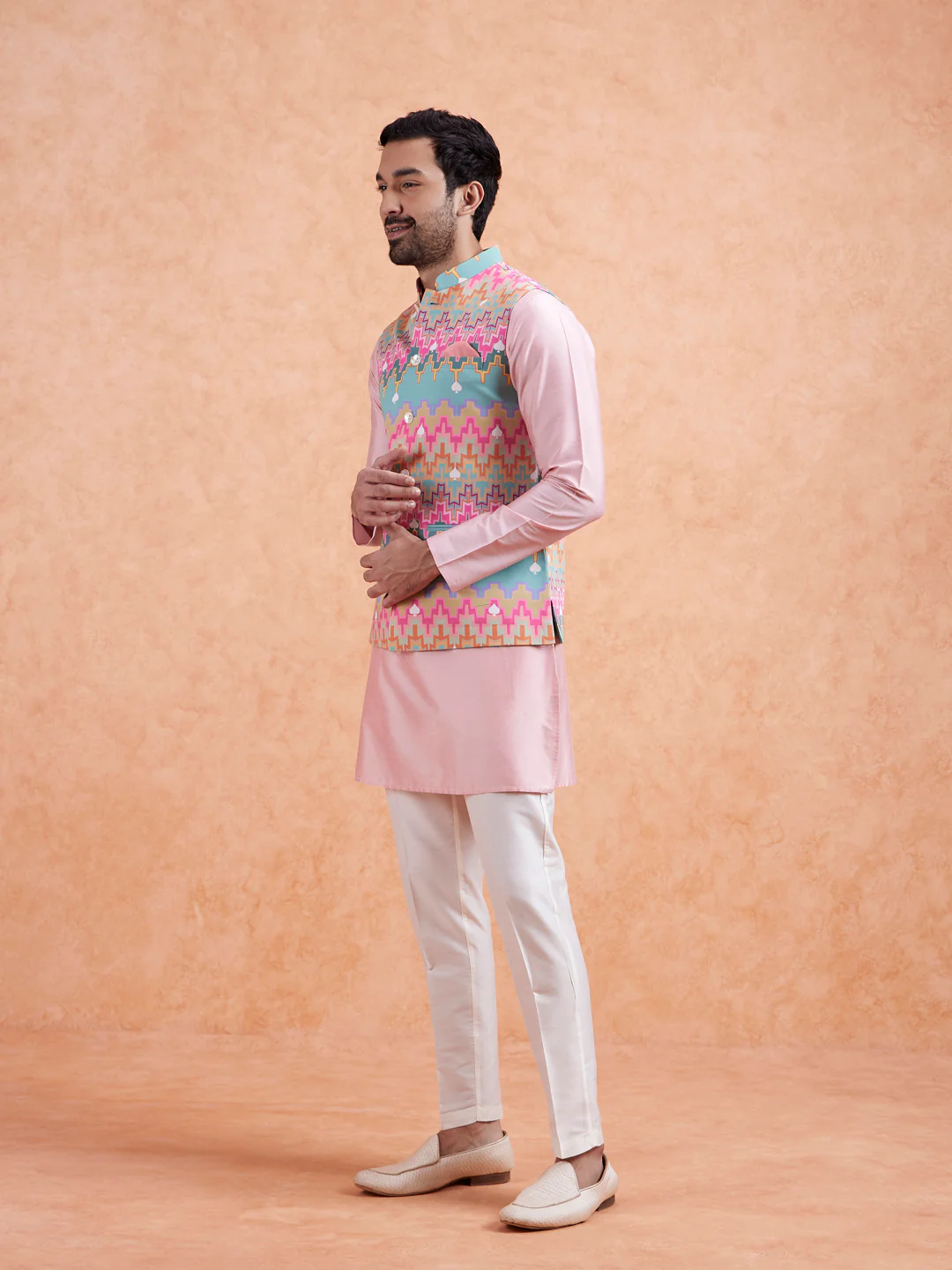 Men Multi Coloured Printed Kurta Jacket Trouser Set - Image 3