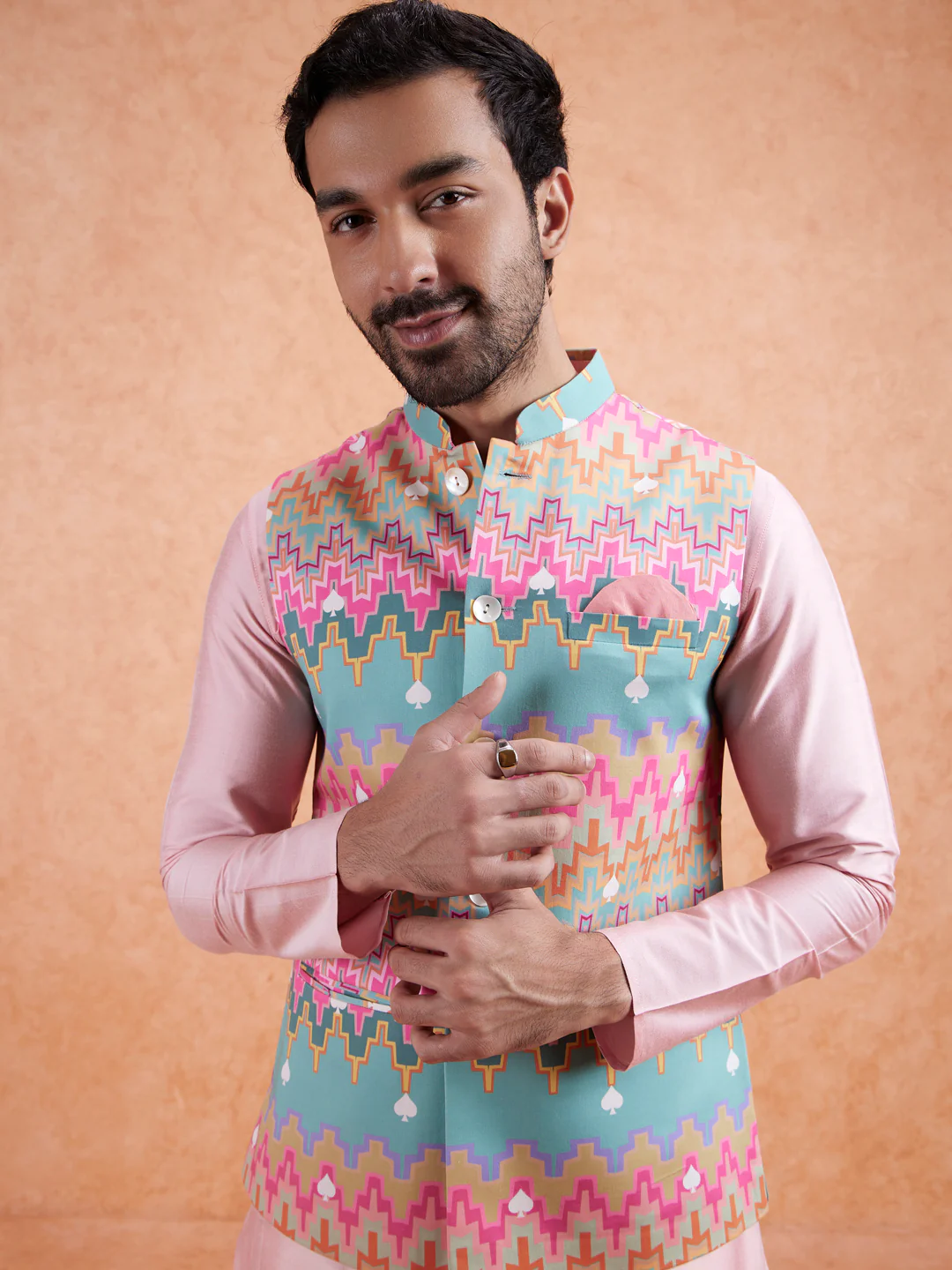Men Multi Coloured Printed Kurta Jacket Trouser Set - Image 6