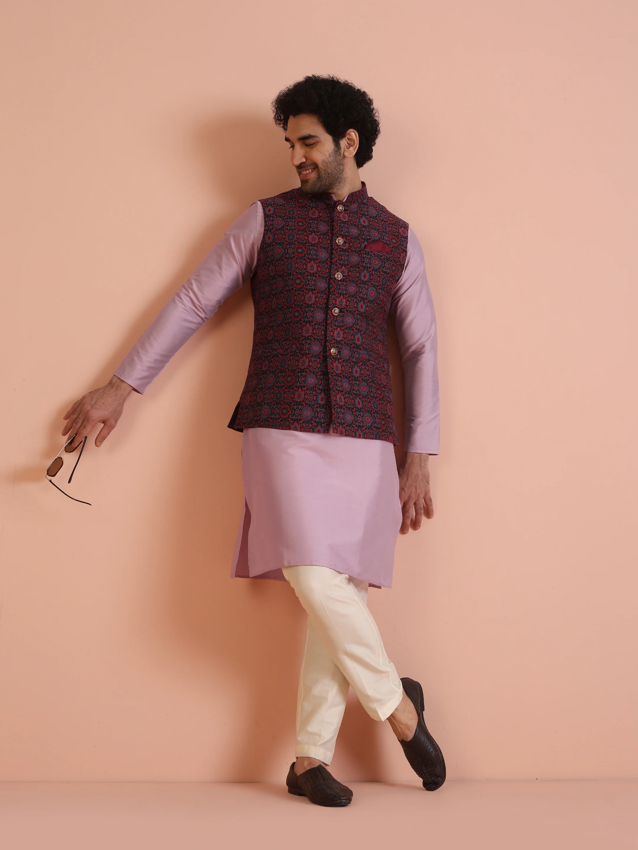 Multi-Coloured Textured Nehru Jacket Kurta Trouser