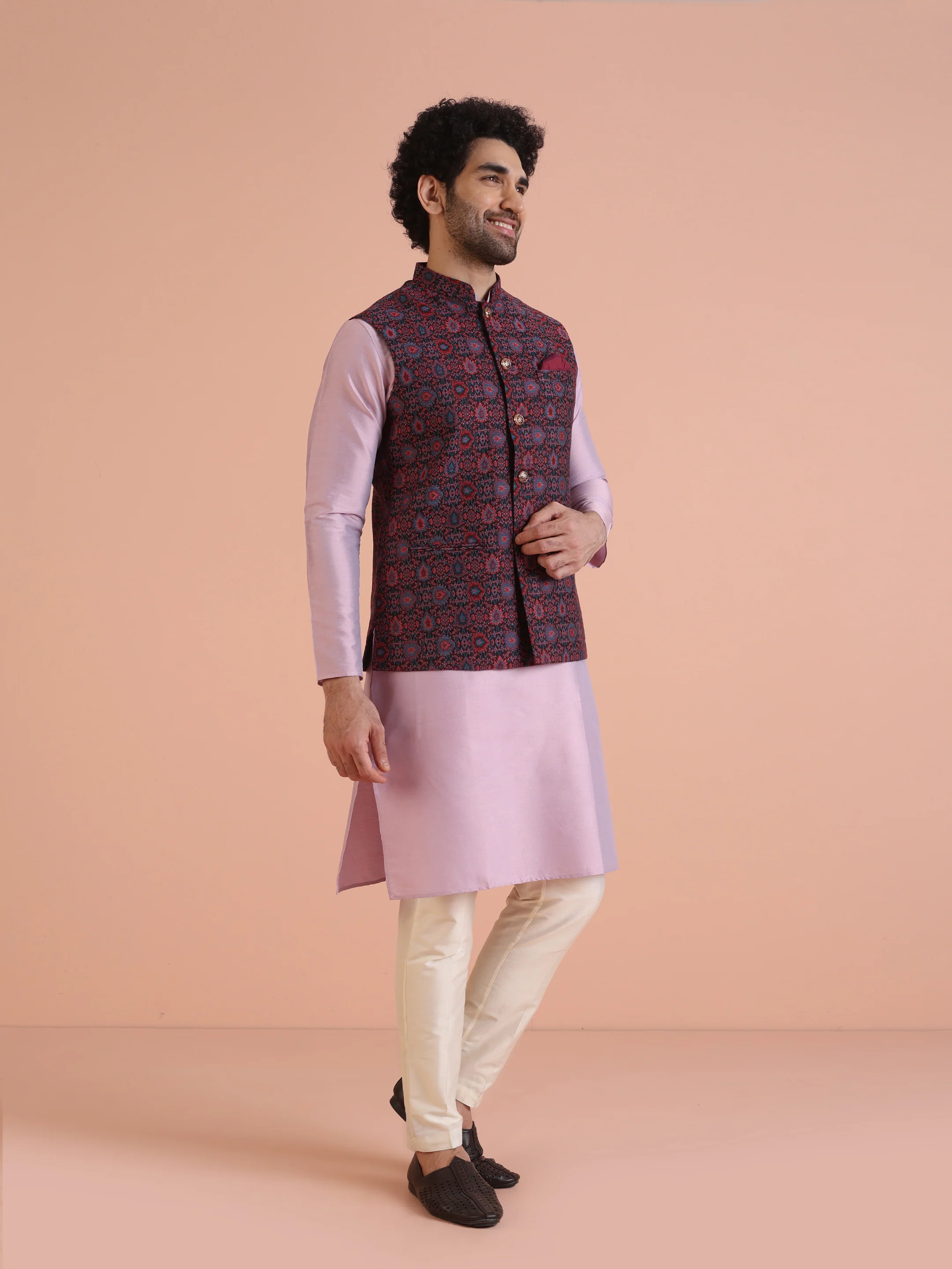 Multi-Coloured Textured Nehru Jacket Kurta Trouser - Image 2