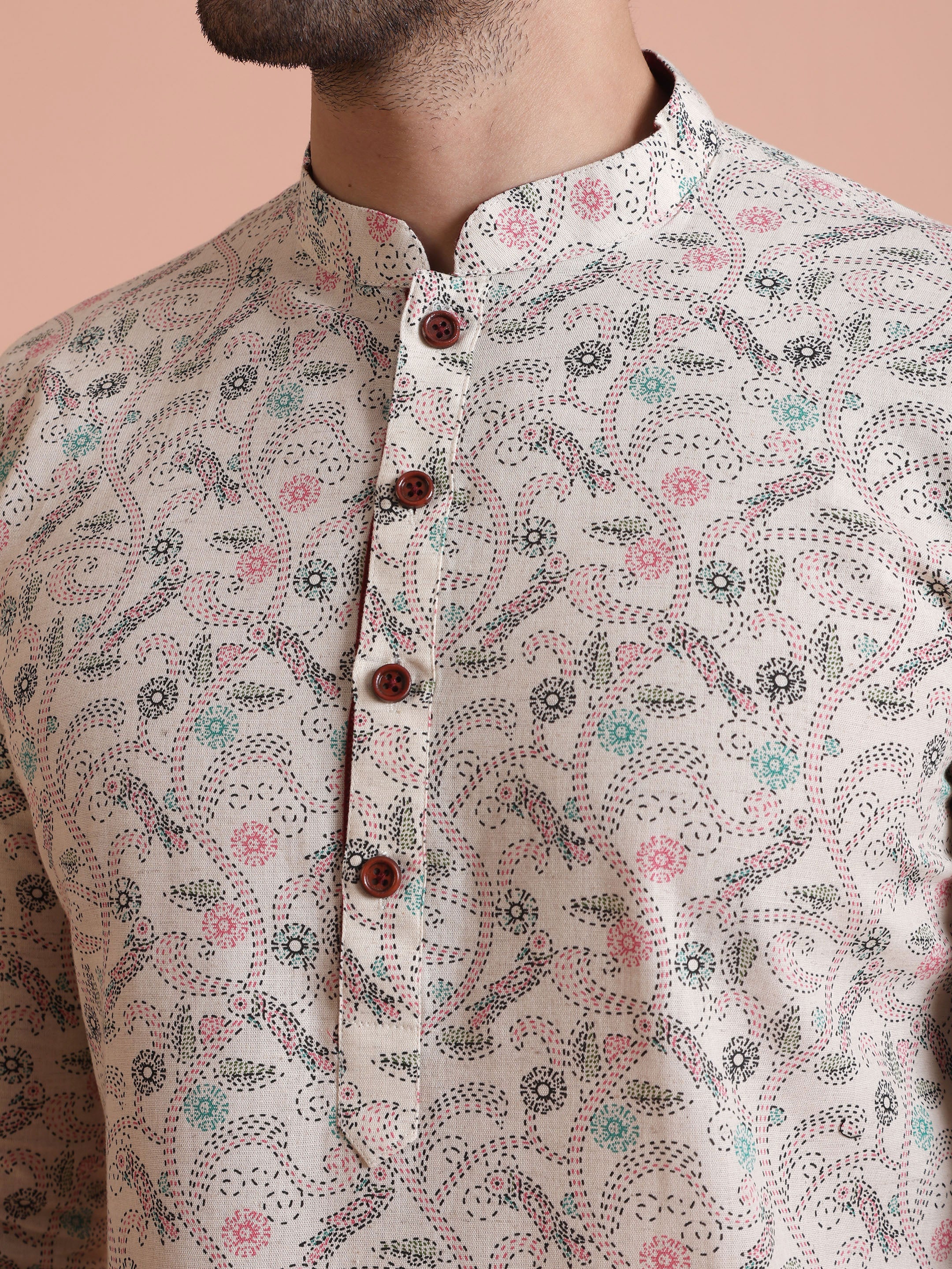 Men Off White Floral Printed Kurta Churidar Set â€“ Classic Festive Wear - Image 5