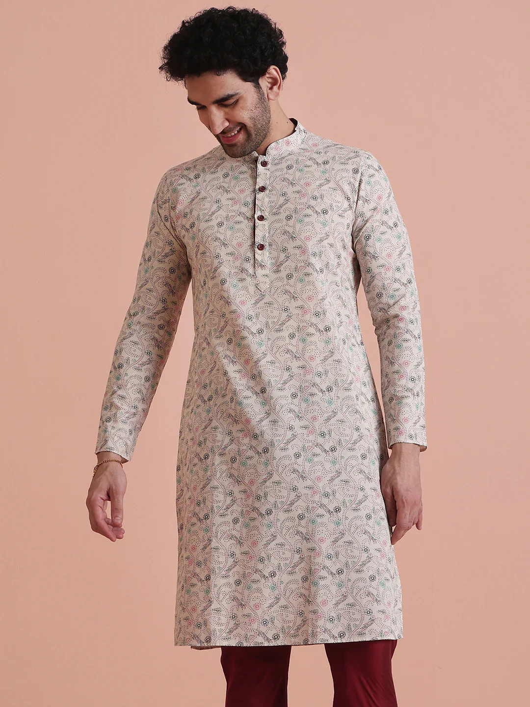 Men Off White Floral Printed Kurta Churidar Set â€“ Classic Festive Wear - Image 8