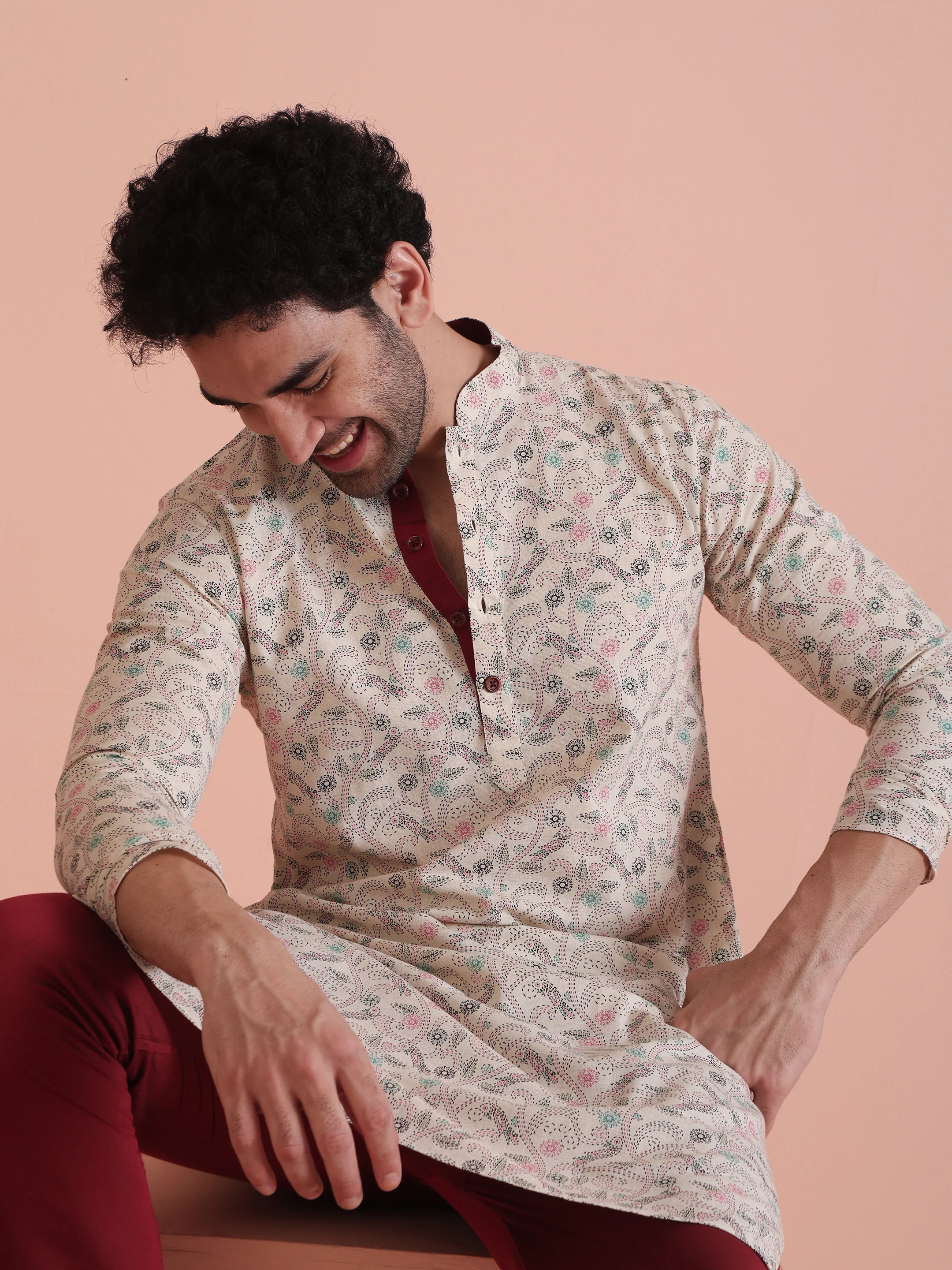 Men Off White Floral Printed Kurta Churidar Set â€“ Classic Festive Wear - Image 9