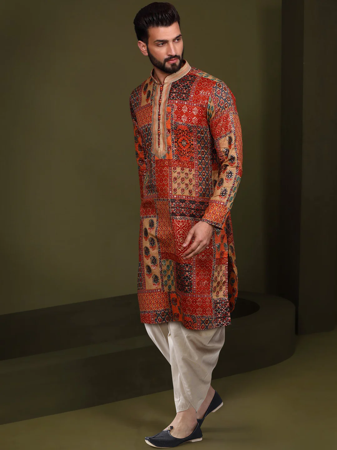 Multi Color Silk Blend Printed Kurta Dhoti - Image 3