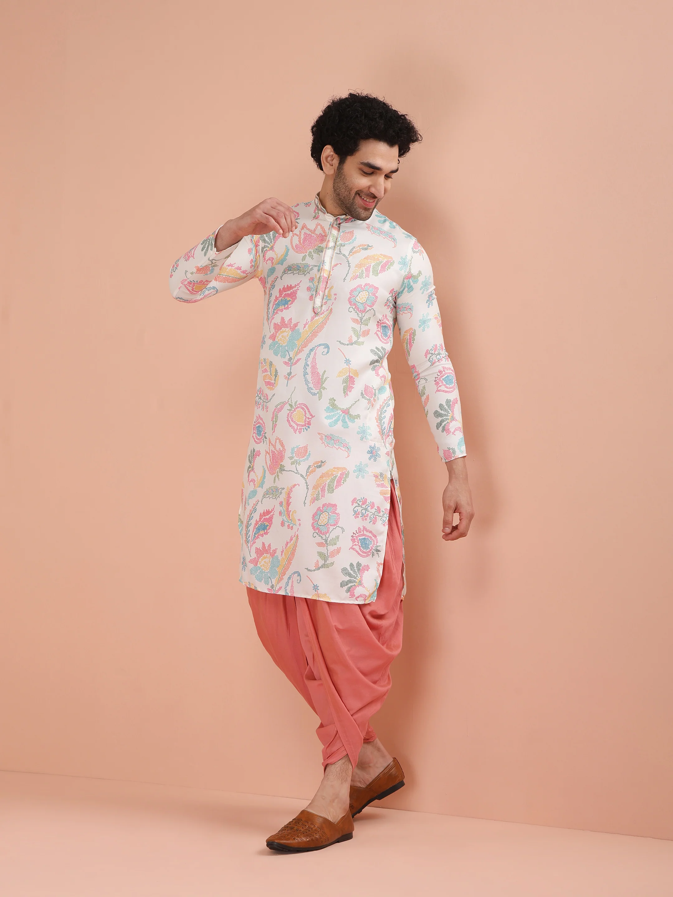White Silk Blend Multi-Color Printed Kurta Dhoti Set - Image 3