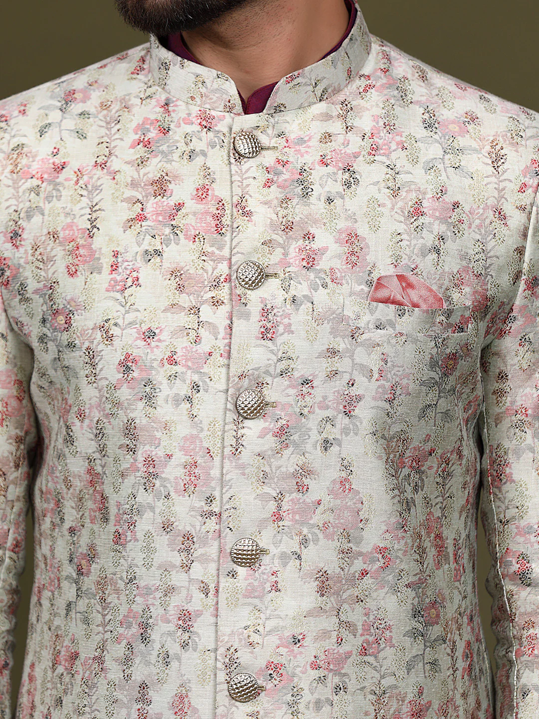 Ivory Silk Blend Indo-Western Sherwani Jacket with Floral Jacquard Design â€“ Wedding & Reception Outfit - Image 6