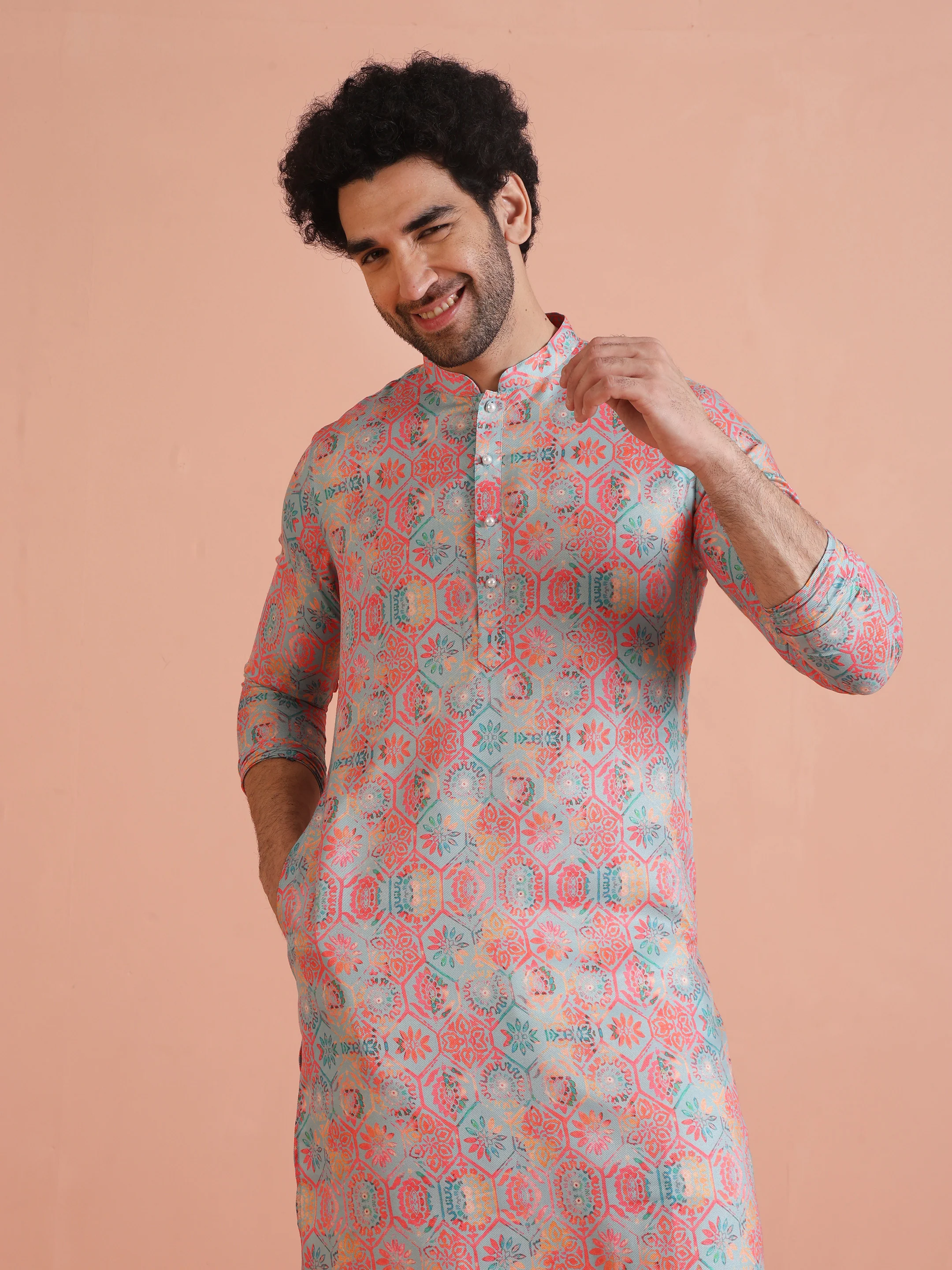 Multi Color Art Silk Printed Long Kurta - Image 2