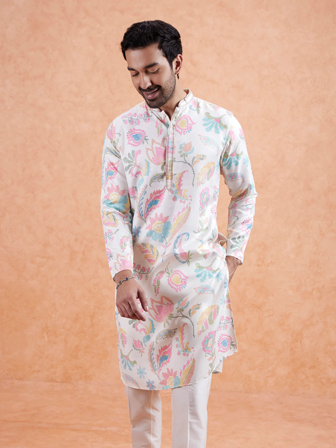 White Silk Blend Kurta with Multicolor Floral Prints and Mandarin Collar - Image 2