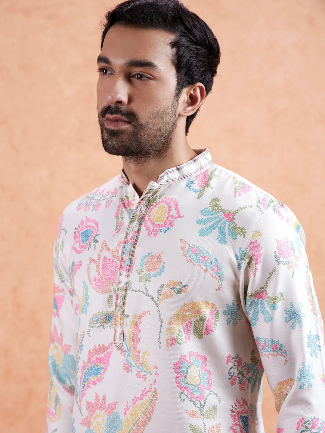 White Silk Blend Kurta with Multicolor Floral Prints and Mandarin Collar - Image 3