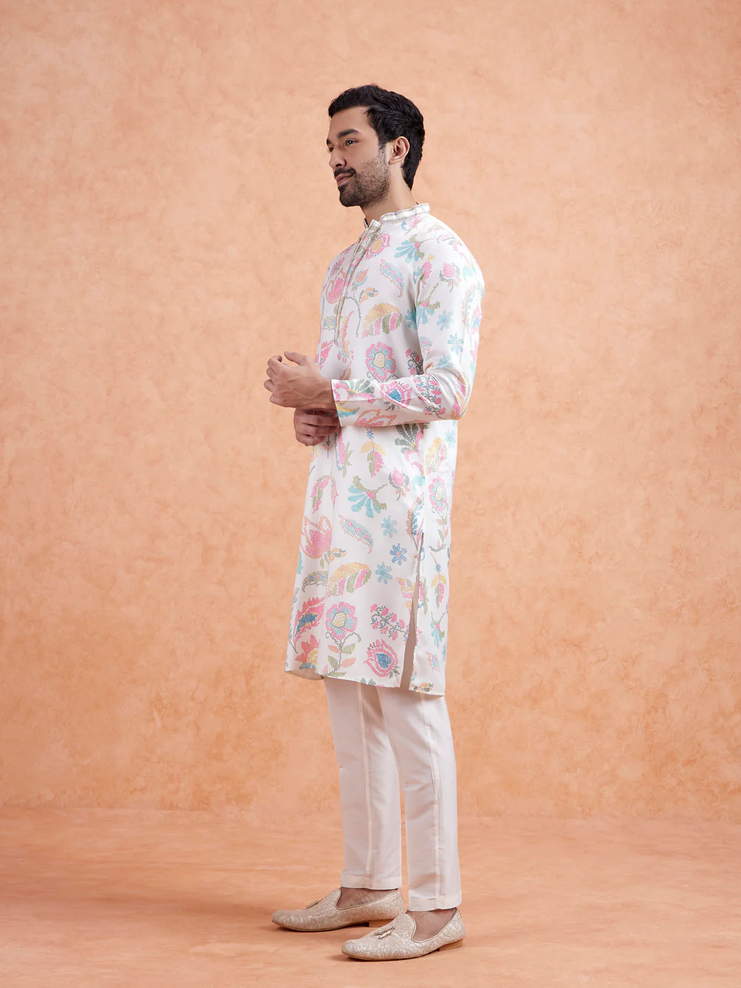 White Silk Blend Kurta with Multicolor Floral Prints and Mandarin Collar - Image 4