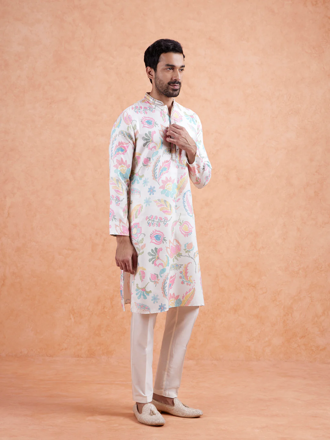 White Silk Blend Kurta with Multicolor Floral Prints and Mandarin Collar - Image 5
