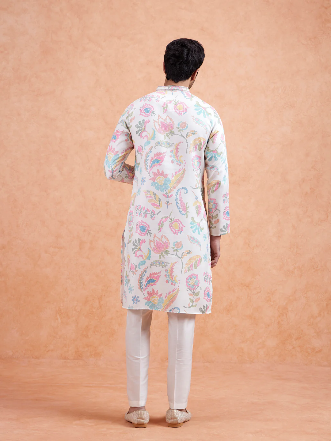 White Silk Blend Kurta with Multicolor Floral Prints and Mandarin Collar - Image 6