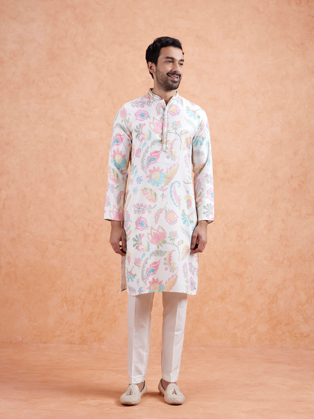 White Silk Blend Kurta with Multicolor Floral Prints and Mandarin Collar - Image 7
