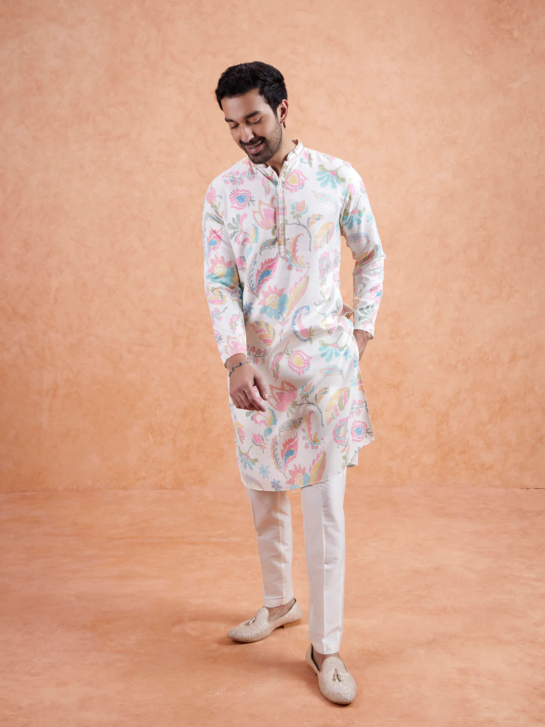 White Silk Blend Kurta with Multicolor Floral Prints and Mandarin Collar - Image 8